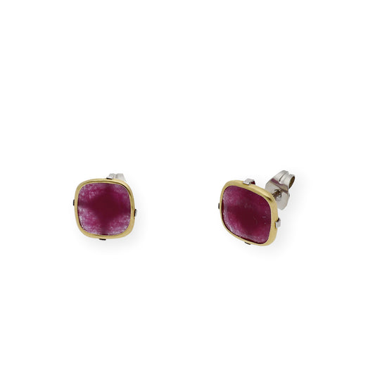 Pendientes en Acero con Piedra de Color Rojo y Filo en Oro de ley 18k