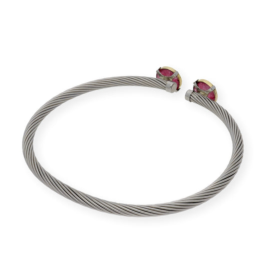 Pulsera Rígida en Acero con Piedra de Color Rojo con Filo en Oro de ley 18k
