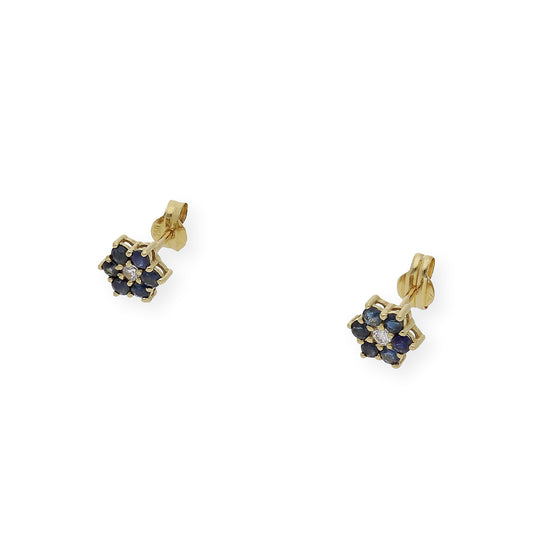 Pendientes de Flor en Oro de Ley 18K con Zafiros y Diamante central