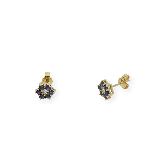 Pendientes de Flor en Oro de Ley 18K con Zafiros y Diamante central