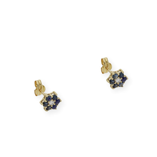 Pendientes de Flor en Oro de Ley 18K con Zafiros y Diamante central