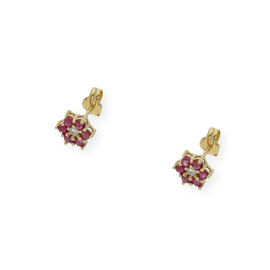 Pendientes de Flor en Oro de Ley 18K con Rubíes y Diamante central
