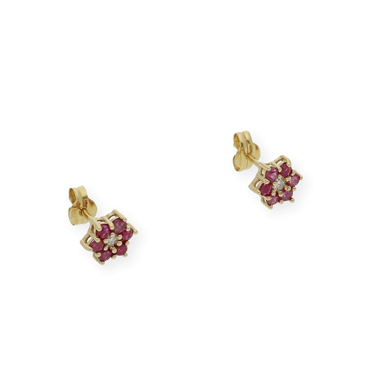 Pendientes de Flor en Oro de Ley 18K con Rubíes y Diamante central