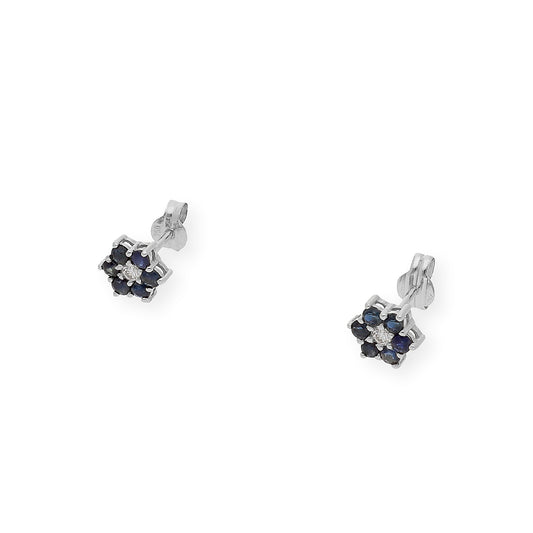 Pendientes de Flor en Oro Blanco de Ley 18K con Zafiros y Diamante central