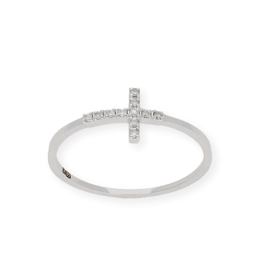 Anillo Cruz Horizontal Oro Blanco y Diamantes