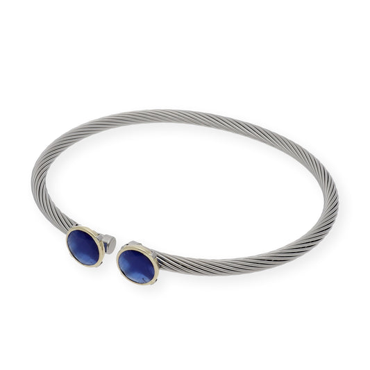 Pulsera Rígida en Acero con Piedra Color Azul con Filo en Oro de ley 18k