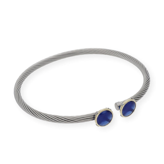 Pulsera Rígida en Acero con Piedra Color Azul con Filo en Oro de ley 18k