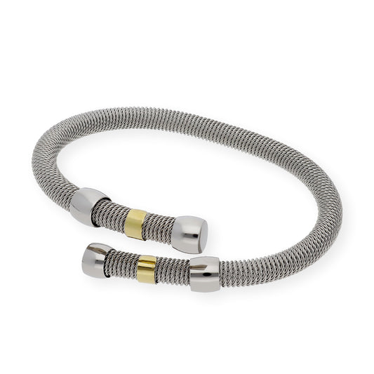 Pulsera Rígida en Acero Entrelazada con Chapas en Oro de ley 18k