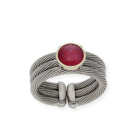 Anillo Acero con Piedra de Color Roja y Filo en Oro de ley 18k