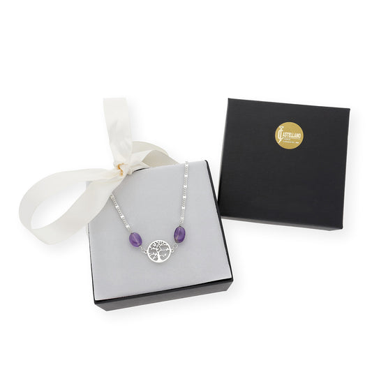 Gargantilla en plata de ley 925 con Amatistas y colgante Árbol de la vida