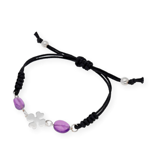 Pulsera plata de ley 925 macramé trébol con Amatista