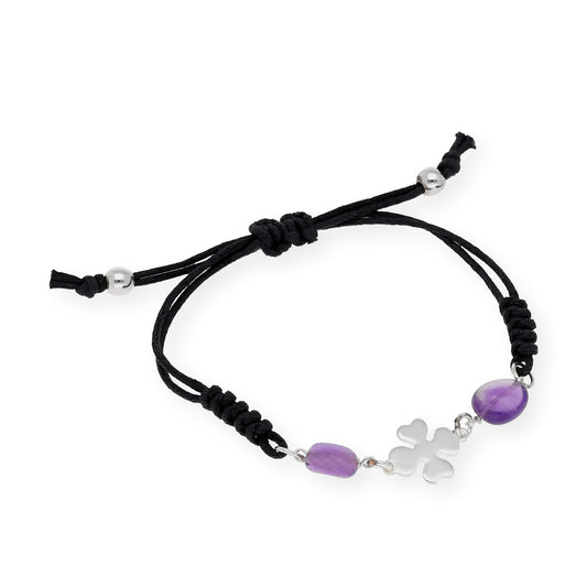 Pulsera plata de ley 925 macramé trébol con Amatista