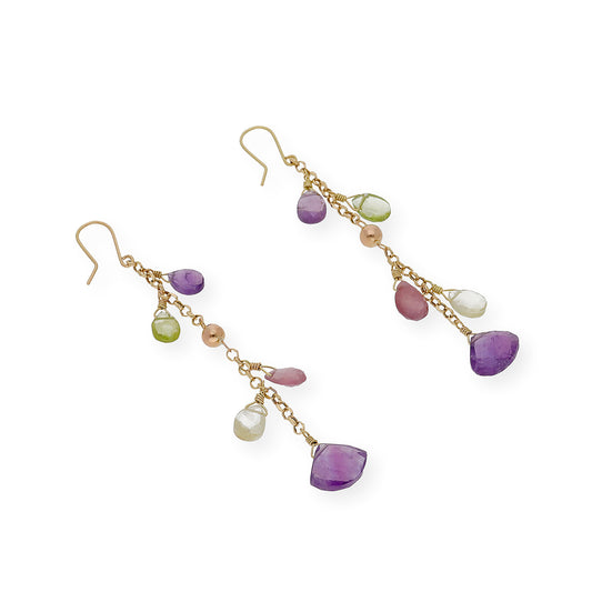 Pendientes Racimo Oro 18 k con Piedras Multicolor