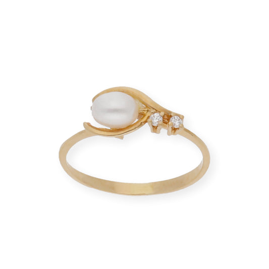 Anillo de Comunión con Circonitas y Perla en Oro 18k