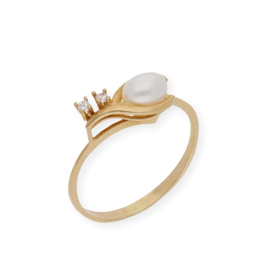 Anillo de Comunión con Circonitas y Perla en Oro 18k