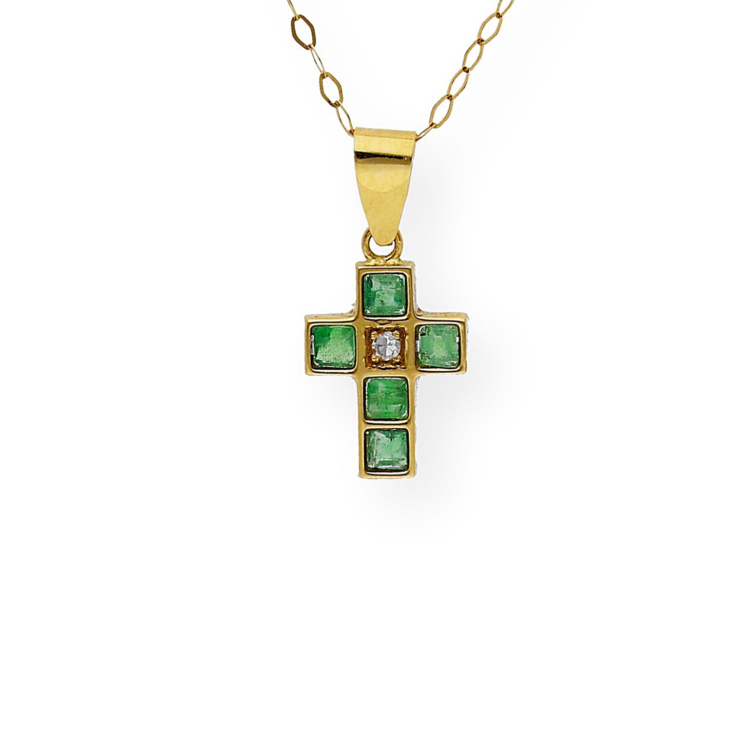 Collar con Colgante de Cruz con Diamante y Esmeraldas en Oro 18k