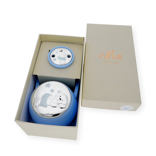 Set Pinza con Porta Chupete oso Tumbado de Color Azul