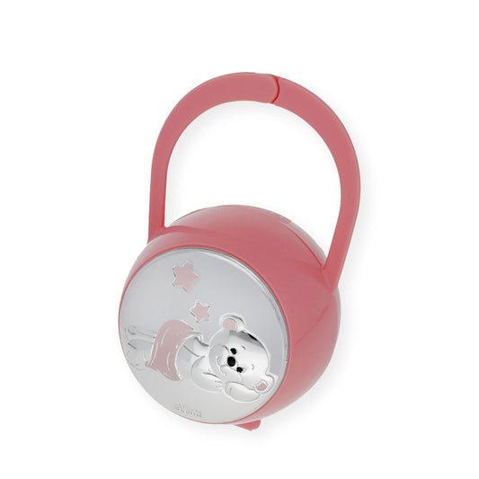 Set Pinza con Porta Chupete oso Tumbado de Color Rosa