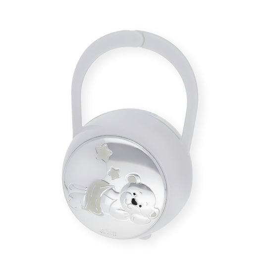 Set Pinza con Porta Chupete oso Tumbado de Color Blanco