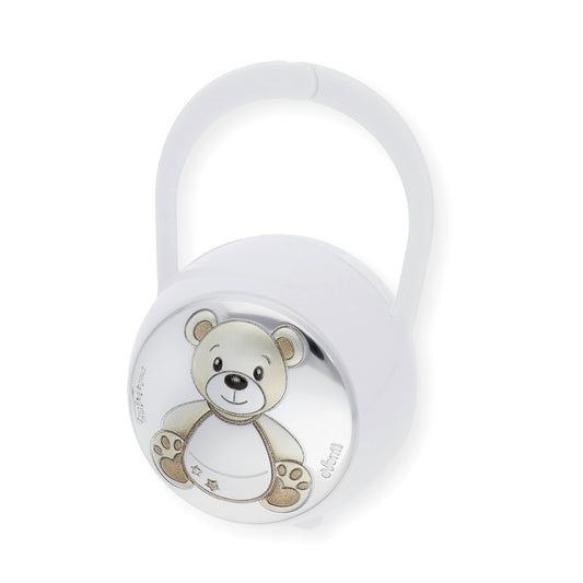 Set Pinza con Porta Chupete Oso de Color Blanco