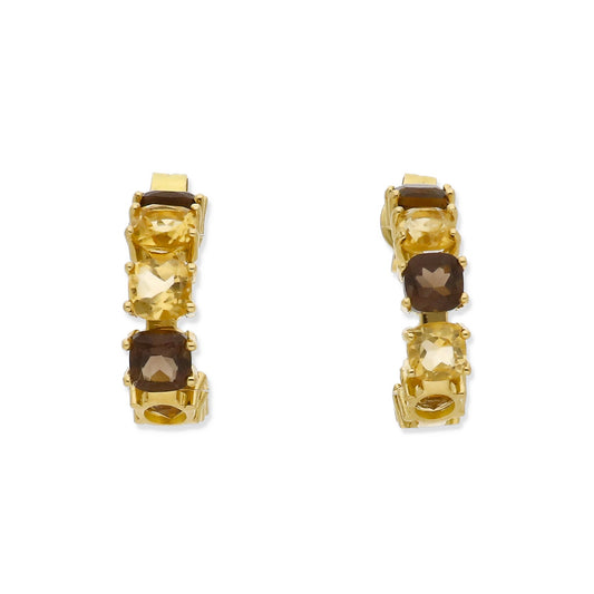 Pendientes Apex Medio Aro en Oro de Ley 18K con Cuarzo Fumé y Citrino