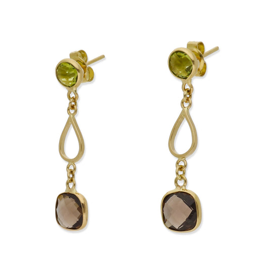 Pendientes Rive en Oro de Ley 18K con Cuarzo Fumé y Peridoto