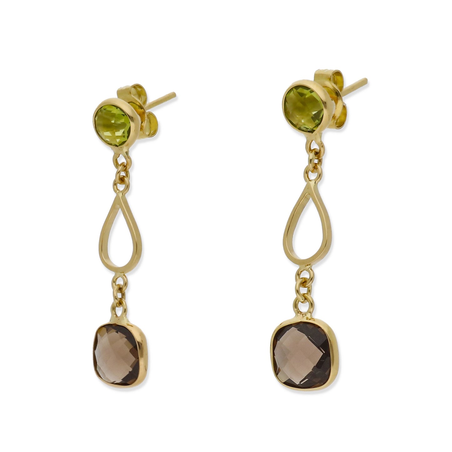 Pendientes Rive en Oro de Ley 18K con Cuarzo Fumé y Peridoto