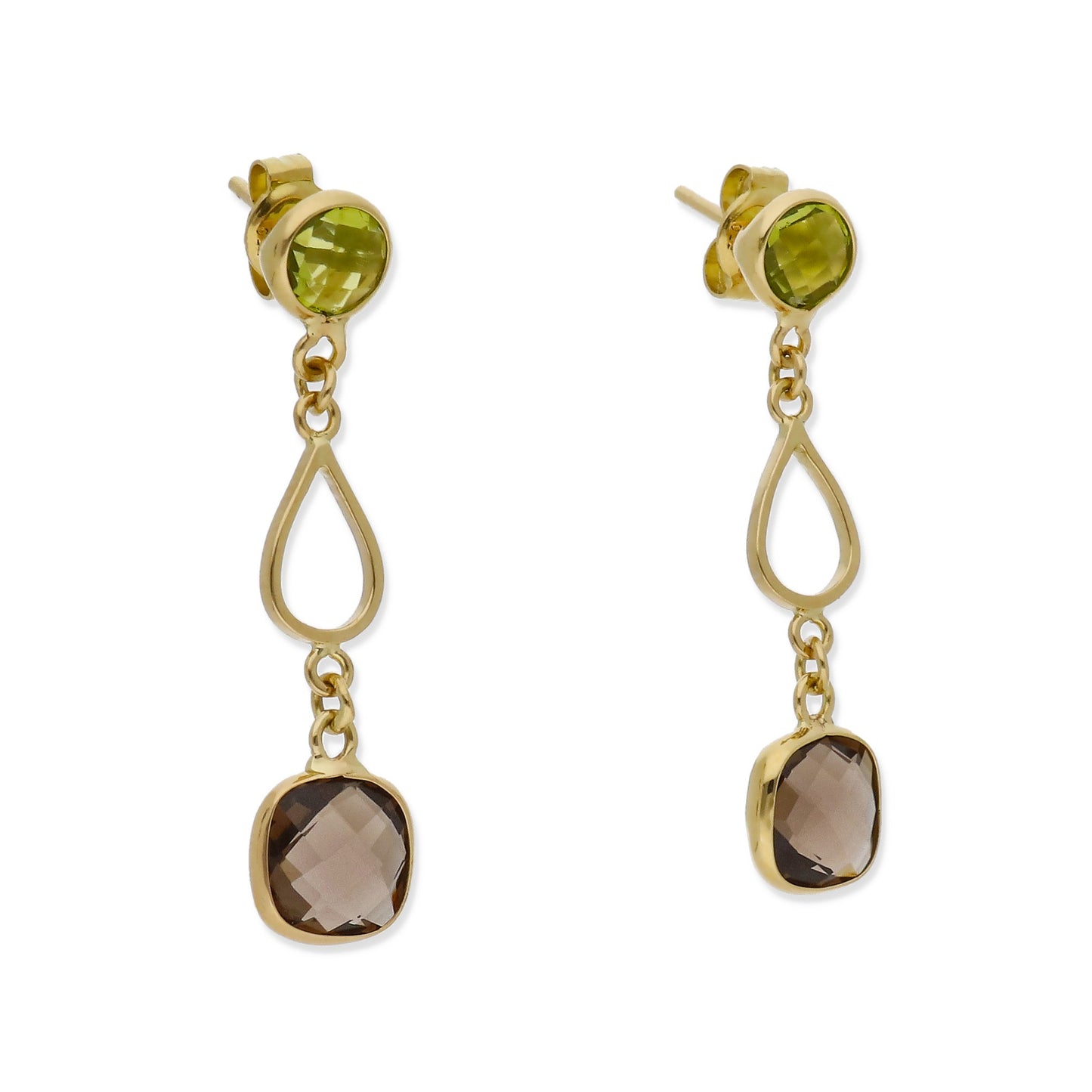 Pendientes Rive en Oro de Ley 18K con Cuarzo Fumé y Peridoto