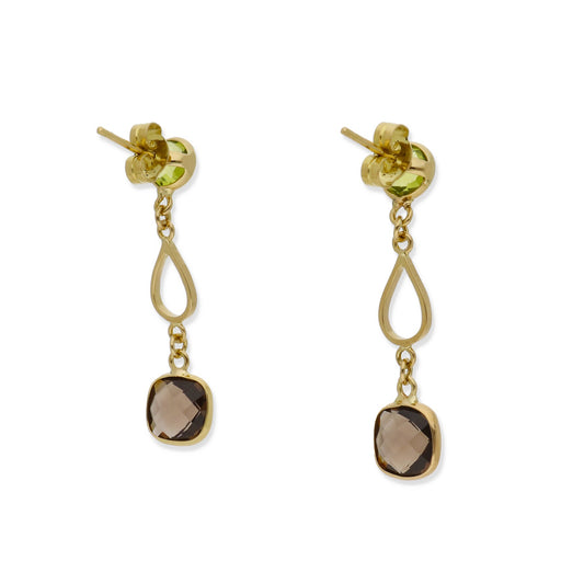 Pendientes Rive en Oro de Ley 18K con Cuarzo Fumé y Peridoto