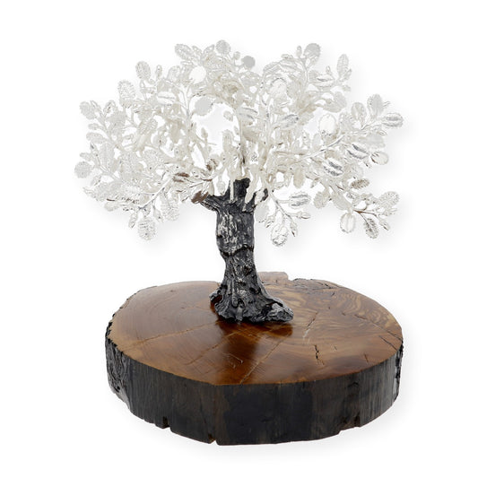 Encina Conmemorativa Personalizable Plateada con Base de Madera Natural Tamaño Mediano/Grande