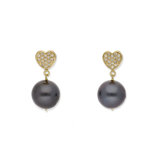 Pendientes Corda en Oro de Ley 18K con Corazón de Diamantes y Perlas Tahití