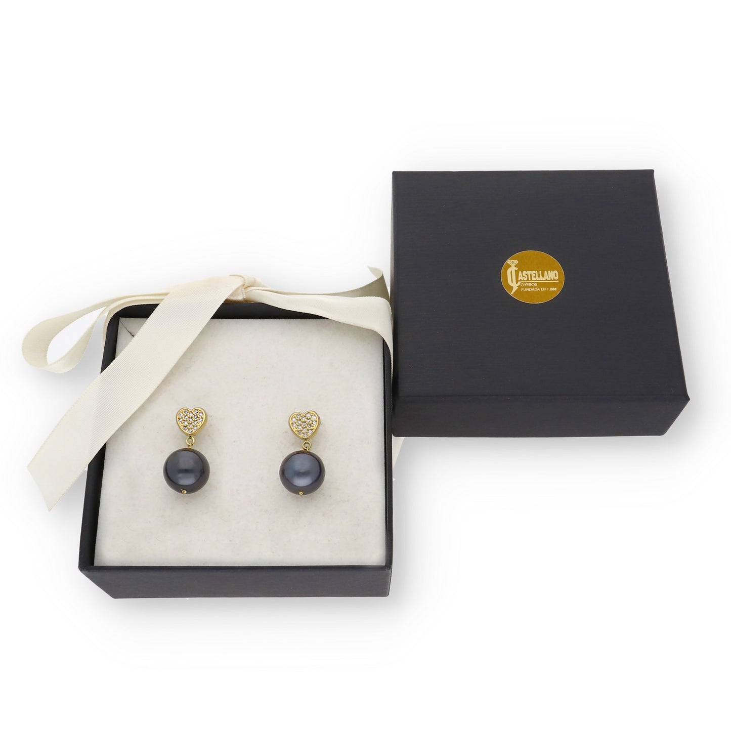 Pendientes Corda en Oro de Ley 18K con Corazón de Diamantes y Perlas Tahití