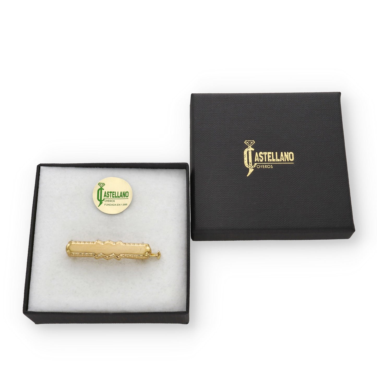 Imperdible Bebé de Barra Mate con Bordes Ornamentados en Oro Amarillo 18K