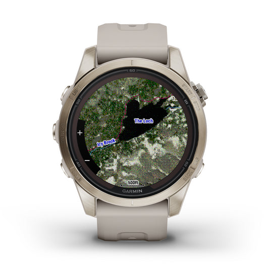Reloj Garmin Fenix 7S PRO Sapphire Solar Dorado con correa beige 010-02776-15