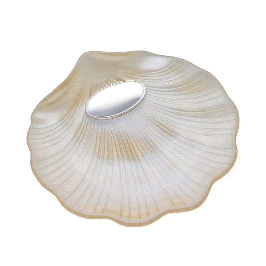 Concha de Bautismo Cristal Nacarado Color Beige y Bilaminada Plata