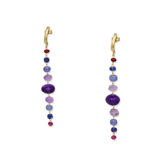 Pendientes Colgantes en Oro de Ley 18k con Amatistas, Zafiros y Rubíes