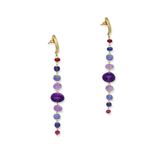 Pendientes Colgantes en Oro de Ley 18k con Amatistas, Zafiros y Rubíes