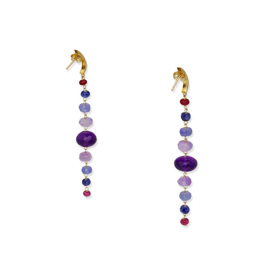 Pendientes Colgantes en Oro de Ley 18k con Amatistas, Zafiros y Rubíes
