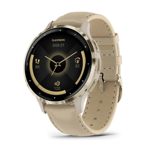 Reloj Garmin Venu 3S Beige Gold Caja en Gris Francés y Correa de Cuero Beige Gold 010-02785-55