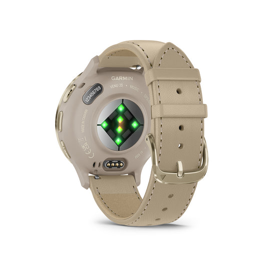 Reloj Garmin Venu 3S Beige Gold Caja en Gris Francés y Correa de Cuero Beige Gold 010-02785-55