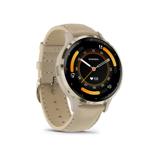 Reloj Garmin Venu 3S Beige Gold Caja en Gris Francés y Correa de Cuero Beige Gold 010-02785-55