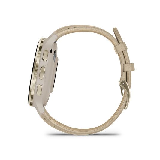 Reloj Garmin Venu 3S Beige Gold Caja en Gris Francés y Correa de Cuero Beige Gold 010-02785-55