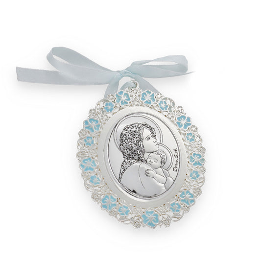 Medalla de Cuna Baño de Plata con esmaltado Azul Virgen y Niño