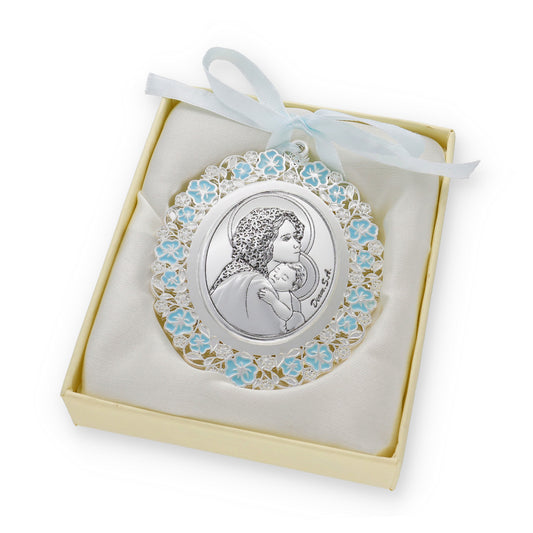 Medalla de Cuna Baño de Plata con esmaltado Azul Virgen y Niño