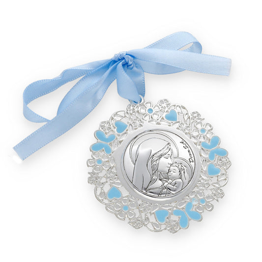 Medalla de Cuna Baño de Plata con esmaltado Azul Virgen con Niño