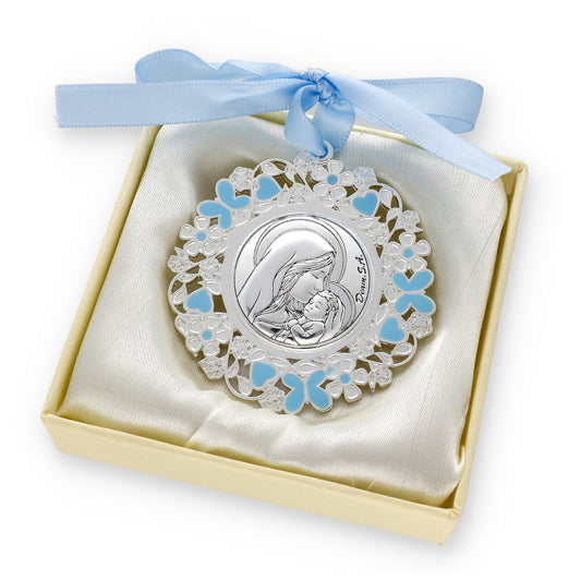 Medalla de Cuna Baño de Plata con esmaltado Azul Virgen con Niño
