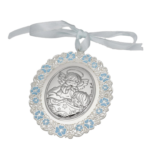 Medalla de Cuna Baño de Plata con esmaltado Azul Niño y Ángel de la Guarda