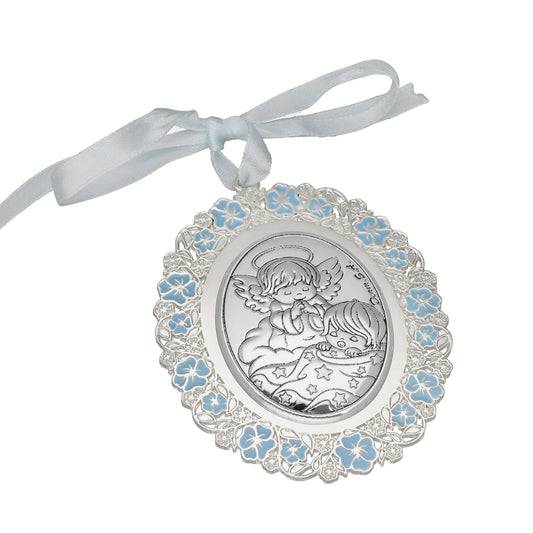 Medalla de Cuna Baño de Plata con esmaltado Azul Niño y Ángel de la Guarda