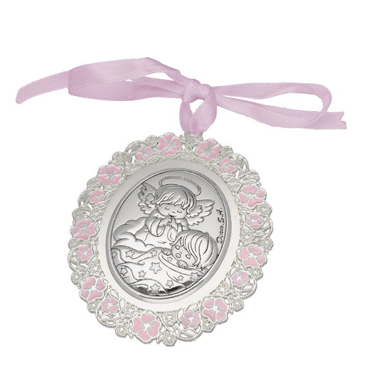 Medalla Cuna Baño de Plata con esmaltado Rosa Niño y Ángel de la Guarda