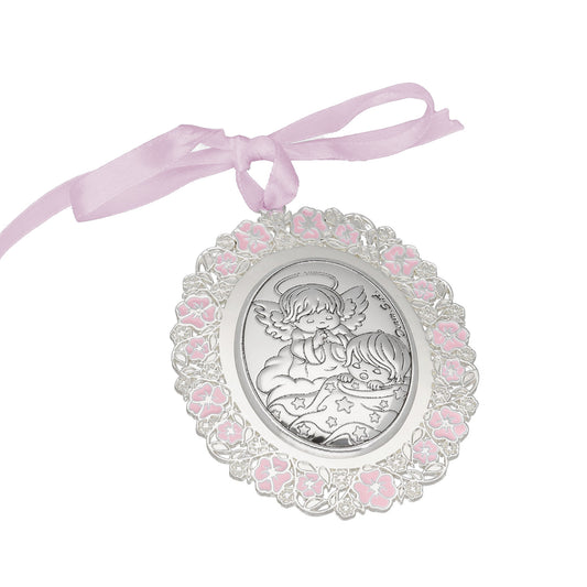 Medalla Cuna Baño de Plata con esmaltado Rosa Niño y Ángel de la Guarda
